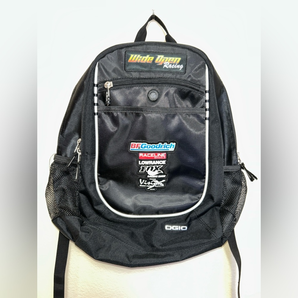 OGIO Wide Open Racing Black Backpack w/ Sponsor Patches Audio Port Padded Straps